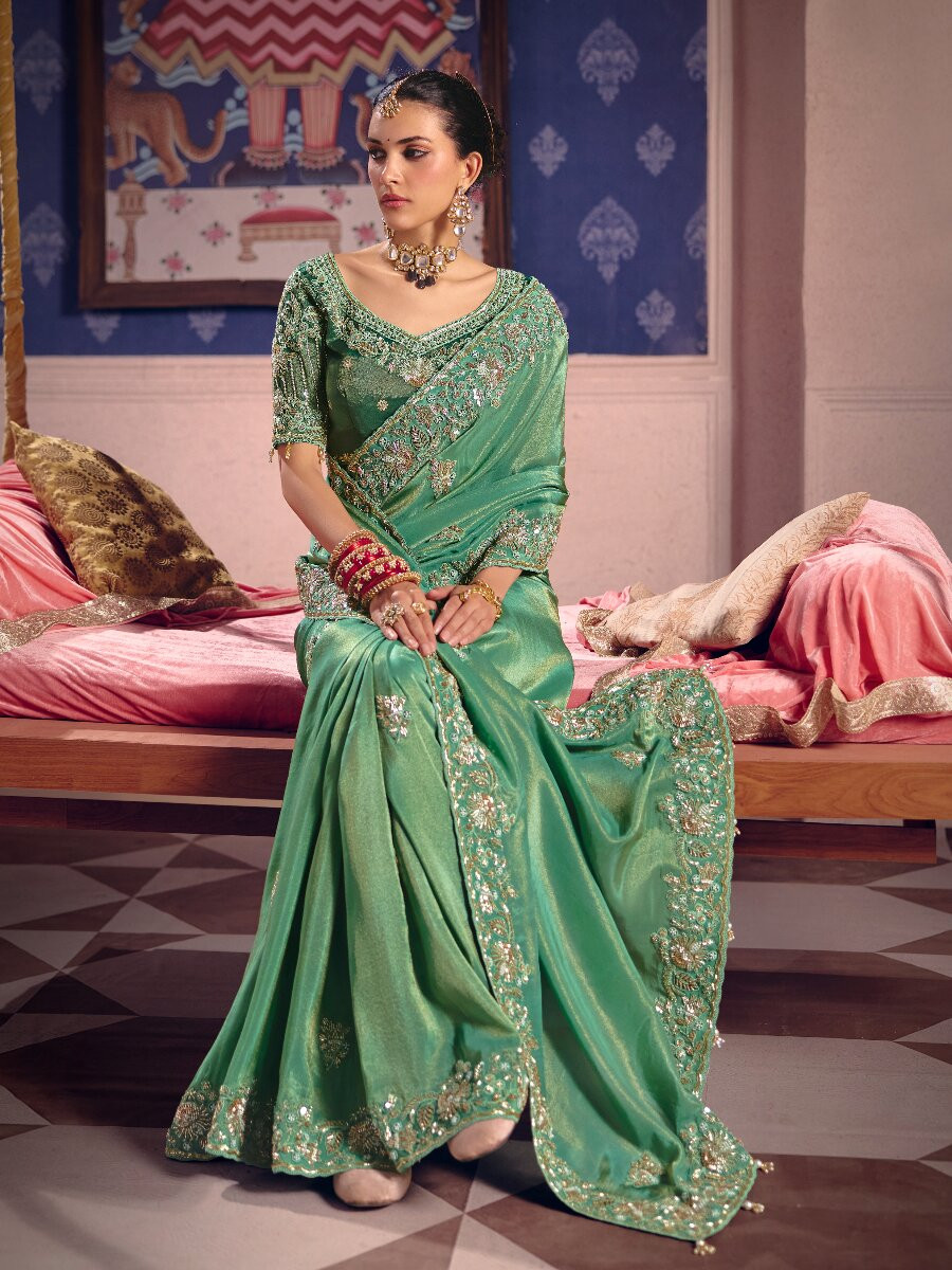Sea Green Tissue Silk Embroidery Sequins Zari Wedding Party Festival Casual Heavy Border Sarees