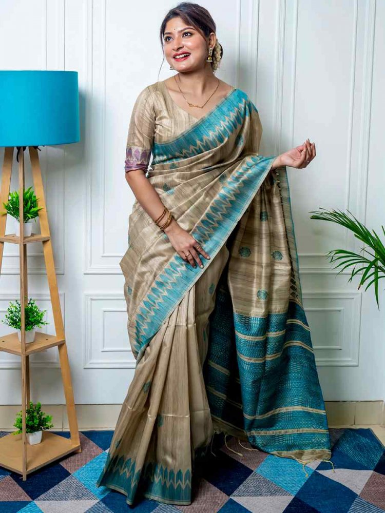 Sea Green Tussar Silk Handwoven Casual Festival Classic Style Saree