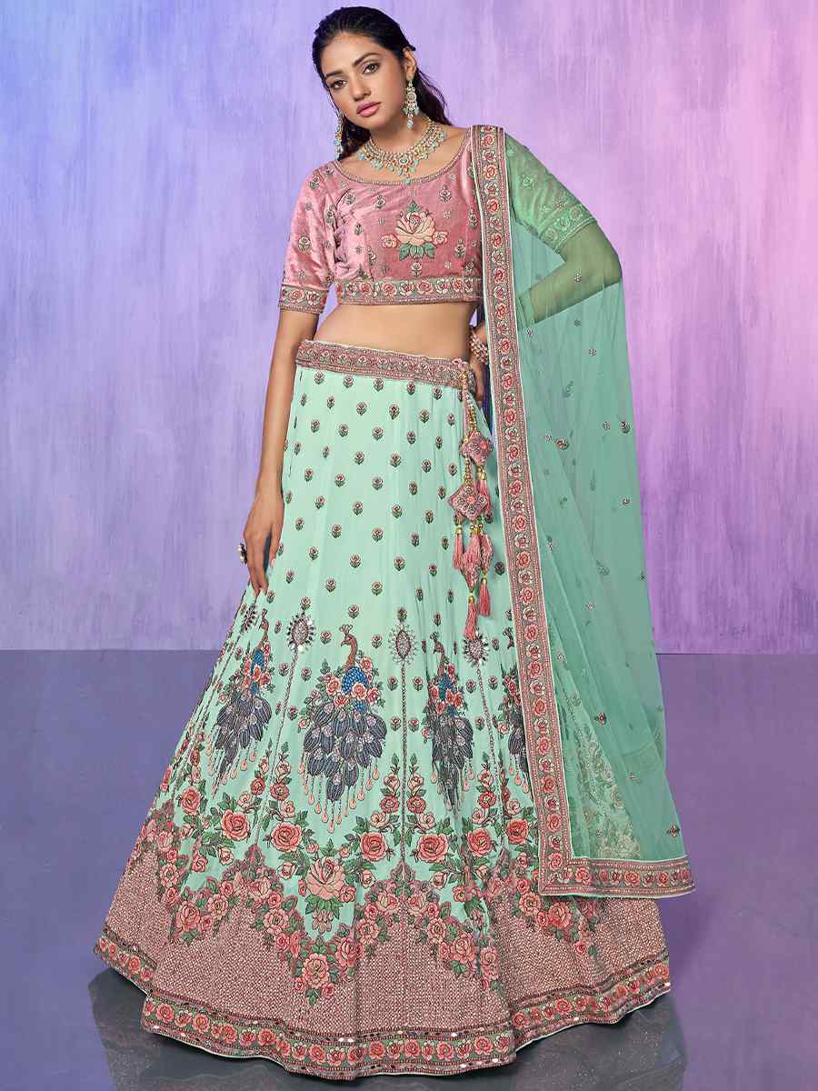 Sea Green Velvet Embroidered Bridal Reception Heavy Border Lehenga Choli