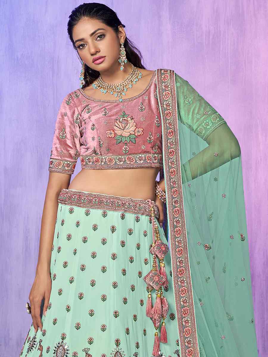 Sea Green Velvet Embroidered Bridal Reception Heavy Border Lehenga Choli