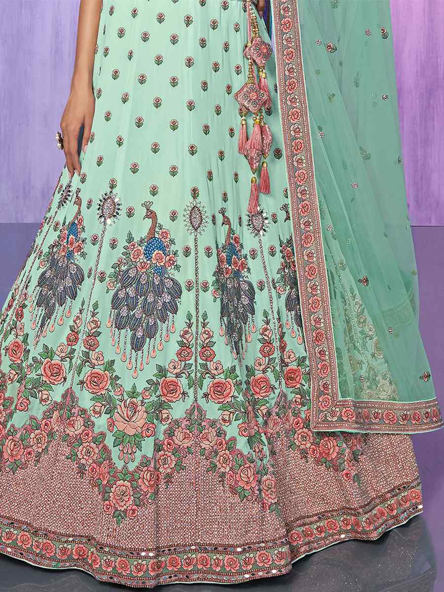 Sea Green Velvet Embroidered Bridal Reception Heavy Border Lehenga Choli