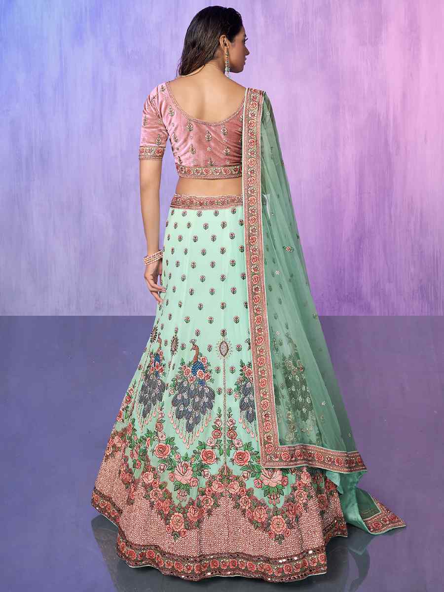 Sea Green Velvet Embroidered Bridal Reception Heavy Border Lehenga Choli