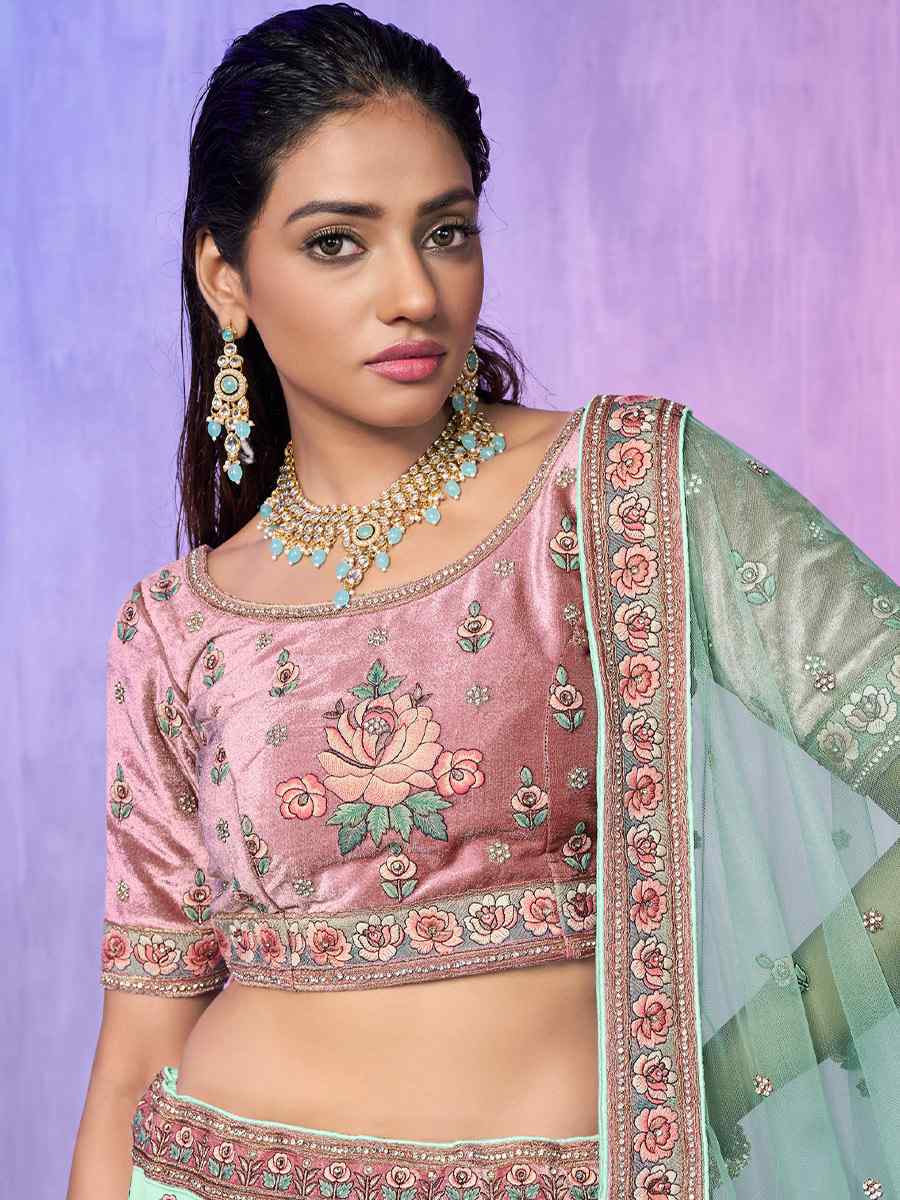 Sea Green Velvet Embroidered Bridal Reception Heavy Border Lehenga Choli