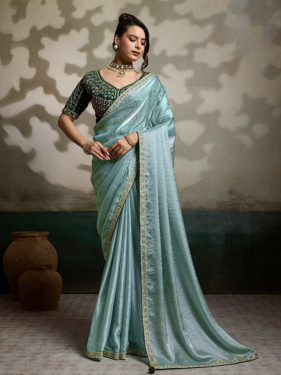 Sea Green Velvet Satin Embroidery Sequins Zari Wedding Reception Party Festival Casual Heavy Border Sarees