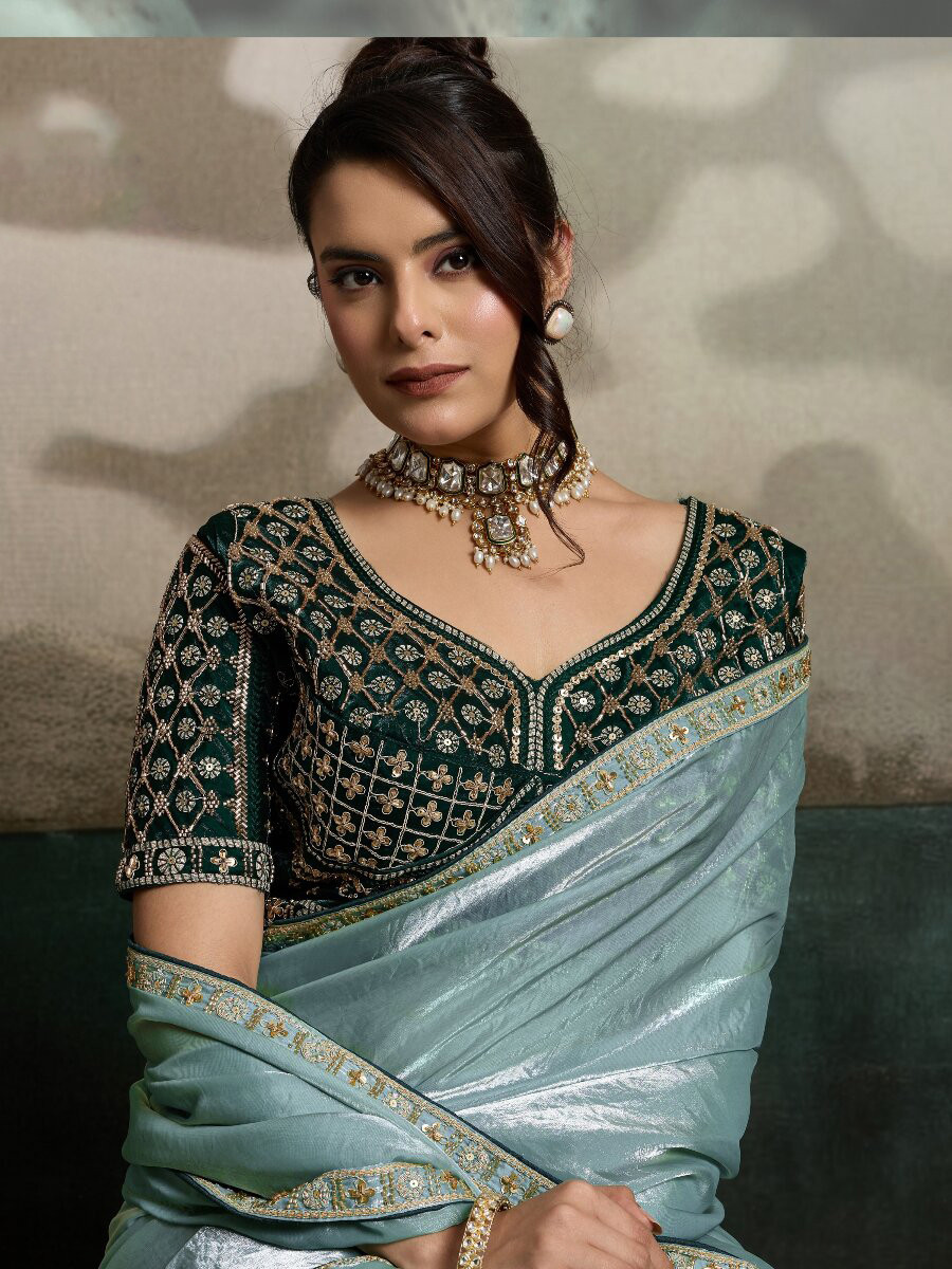 Sea Green Velvet Satin Embroidery Sequins Zari Wedding Reception Party Festival Casual Heavy Border Sarees