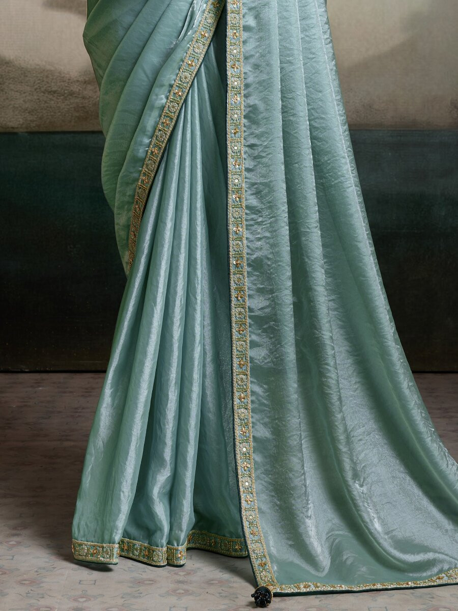 Sea Green Velvet Satin Embroidery Sequins Zari Wedding Reception Party Festival Casual Heavy Border Sarees