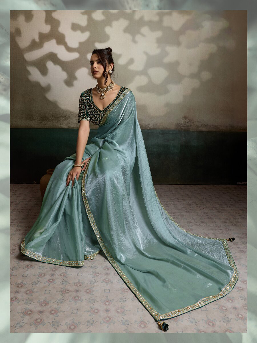 Sea Green Velvet Satin Embroidery Sequins Zari Wedding Reception Party Festival Casual Heavy Border Sarees