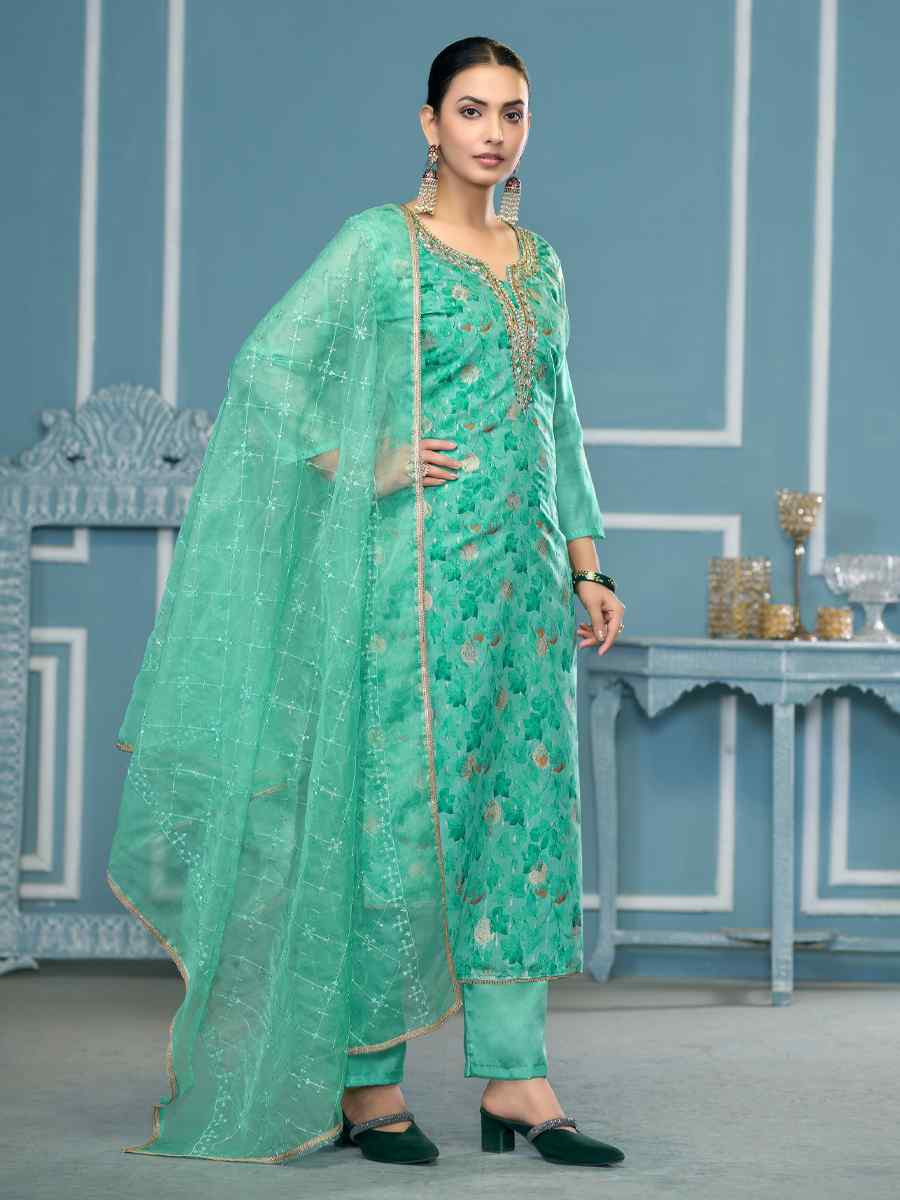 Sea Green Viscose Organza Embroidered Wedding Festival Pant Salwar Kameez