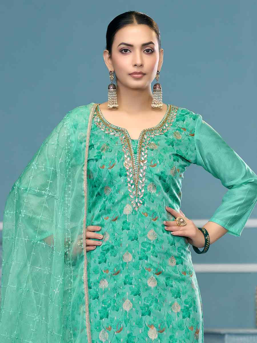 Sea Green Viscose Organza Embroidered Wedding Festival Pant Salwar Kameez