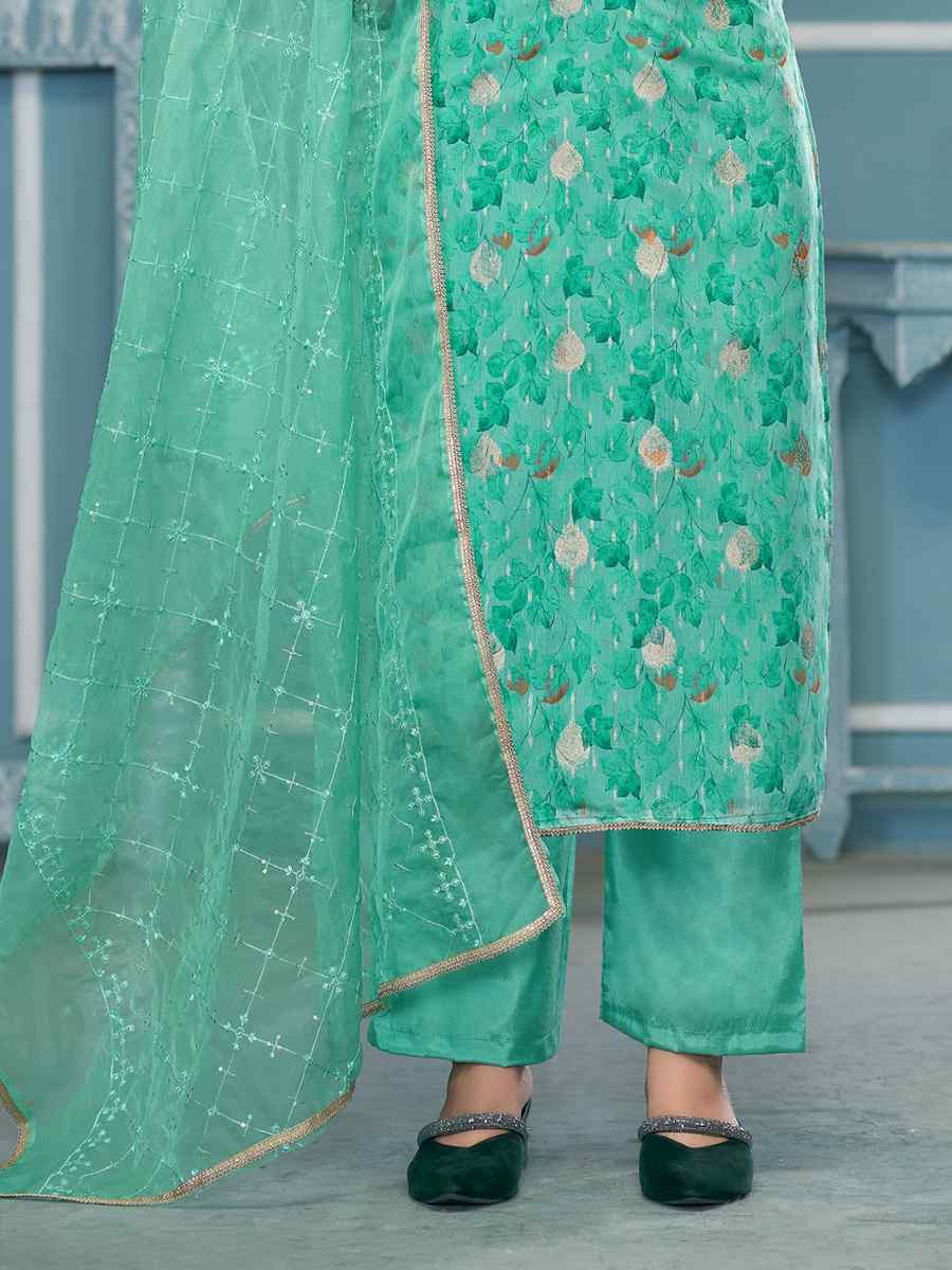 Sea Green Viscose Organza Embroidered Wedding Festival Pant Salwar Kameez