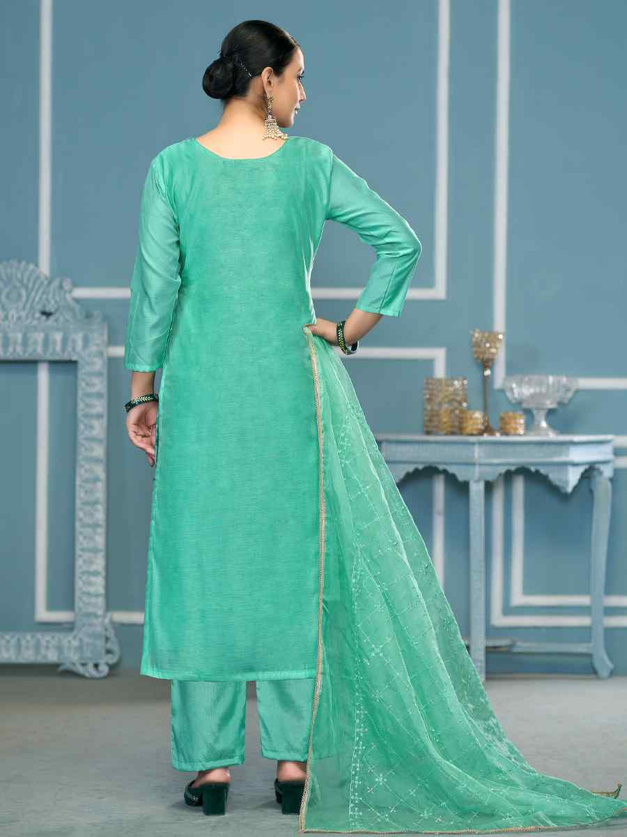 Sea Green Viscose Organza Embroidered Wedding Festival Pant Salwar Kameez