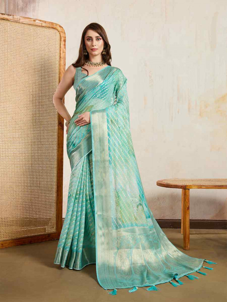 Image of Sea Green Viscose Printed Handwoven Festival Wedding Fancy Heavy Border Saree