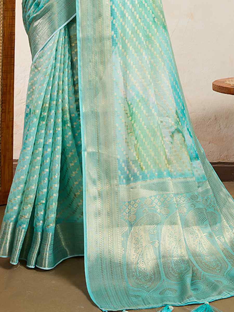 Sea Green Viscose Printed Handwoven Festival Wedding Fancy Heavy Border Saree