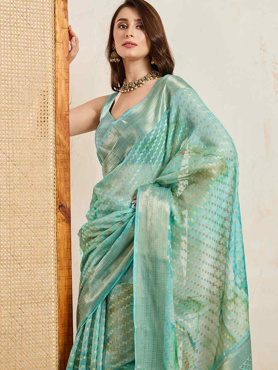 Sea Green Viscose Printed Handwoven Festival Wedding Fancy Heavy Border Saree