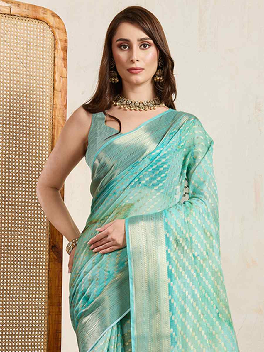 Sea Green Viscose Printed Handwoven Festival Wedding Fancy Heavy Border Saree