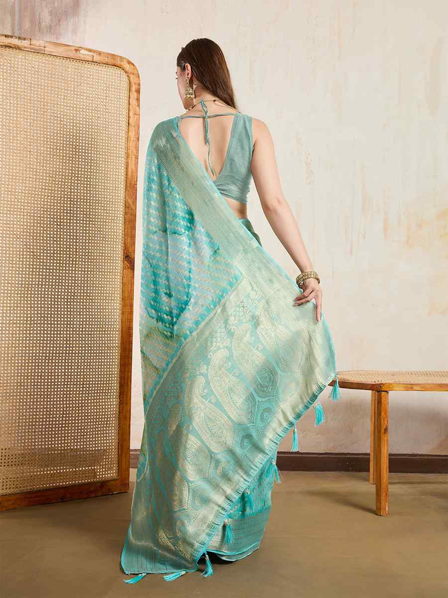 Sea Green Viscose Printed Handwoven Festival Wedding Fancy Heavy Border Saree