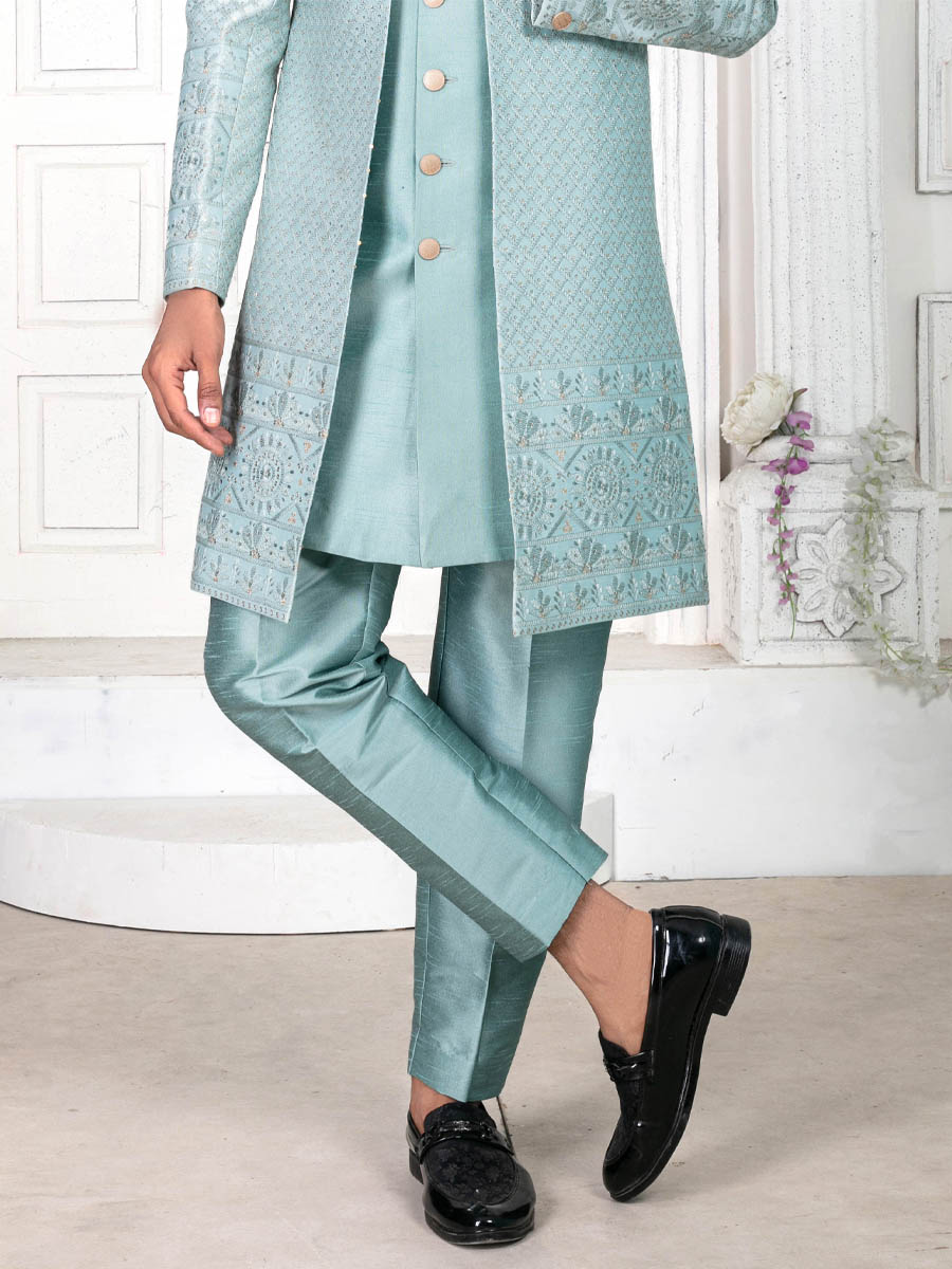 Seafoam Blue Silk Embroidered Wedding Groom Sherwani