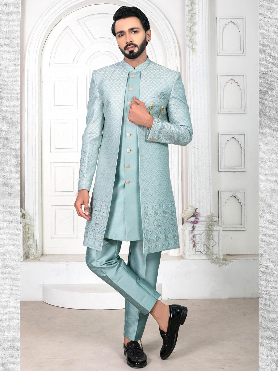 Seafoam Blue Silk Embroidered Wedding Groom Sherwani