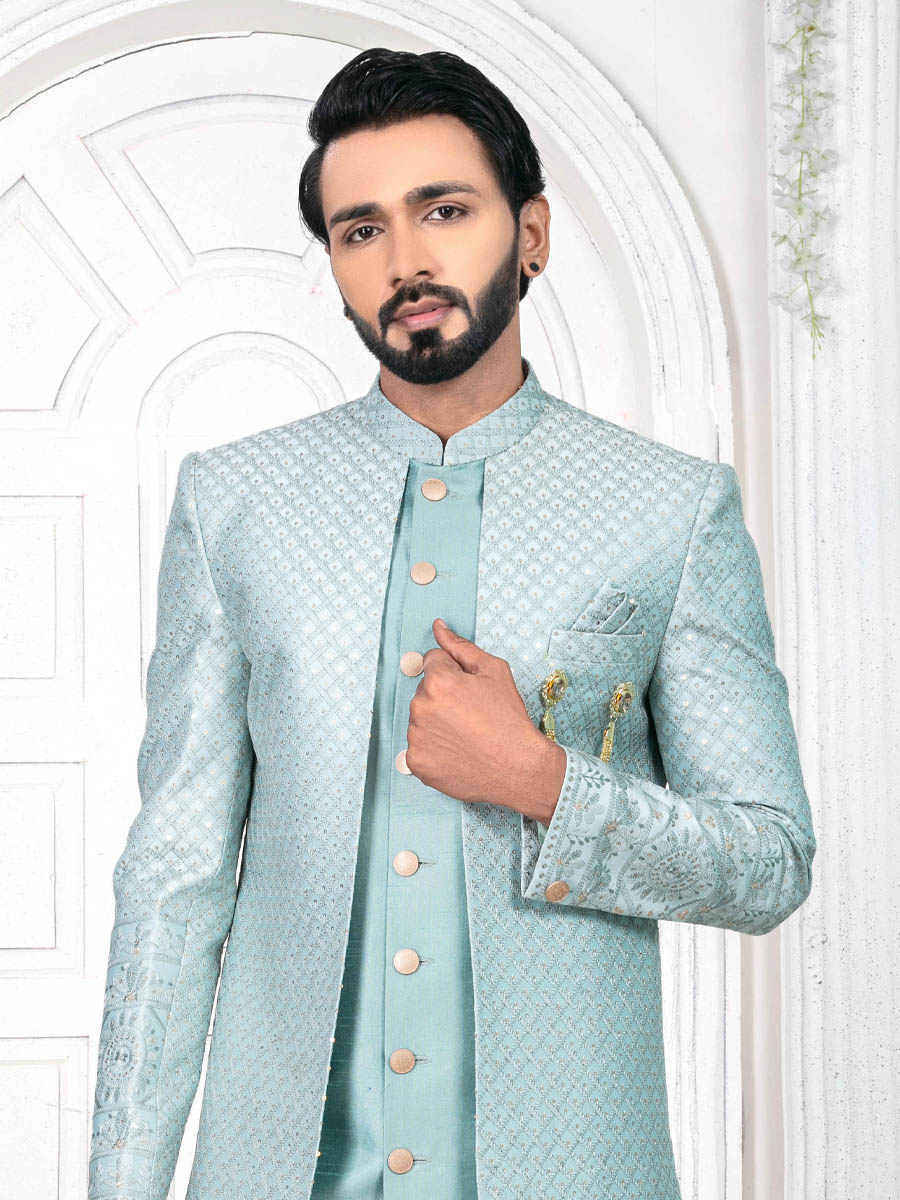 Seafoam Blue Silk Embroidered Wedding Groom Sherwani