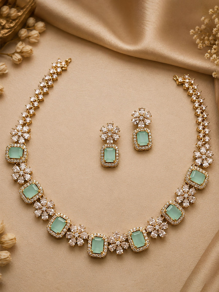 Image of See Green Alloy Gemstone Diamond Wedding Party Festival Wear Necklace Set With Earrings