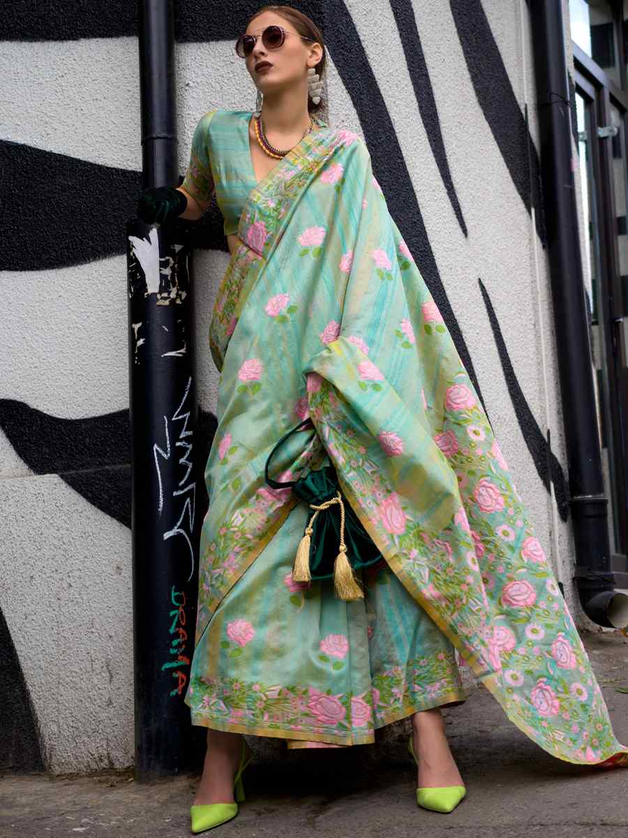 See Green Parsi Silk Handwoven Party Festival Classic Style Saree