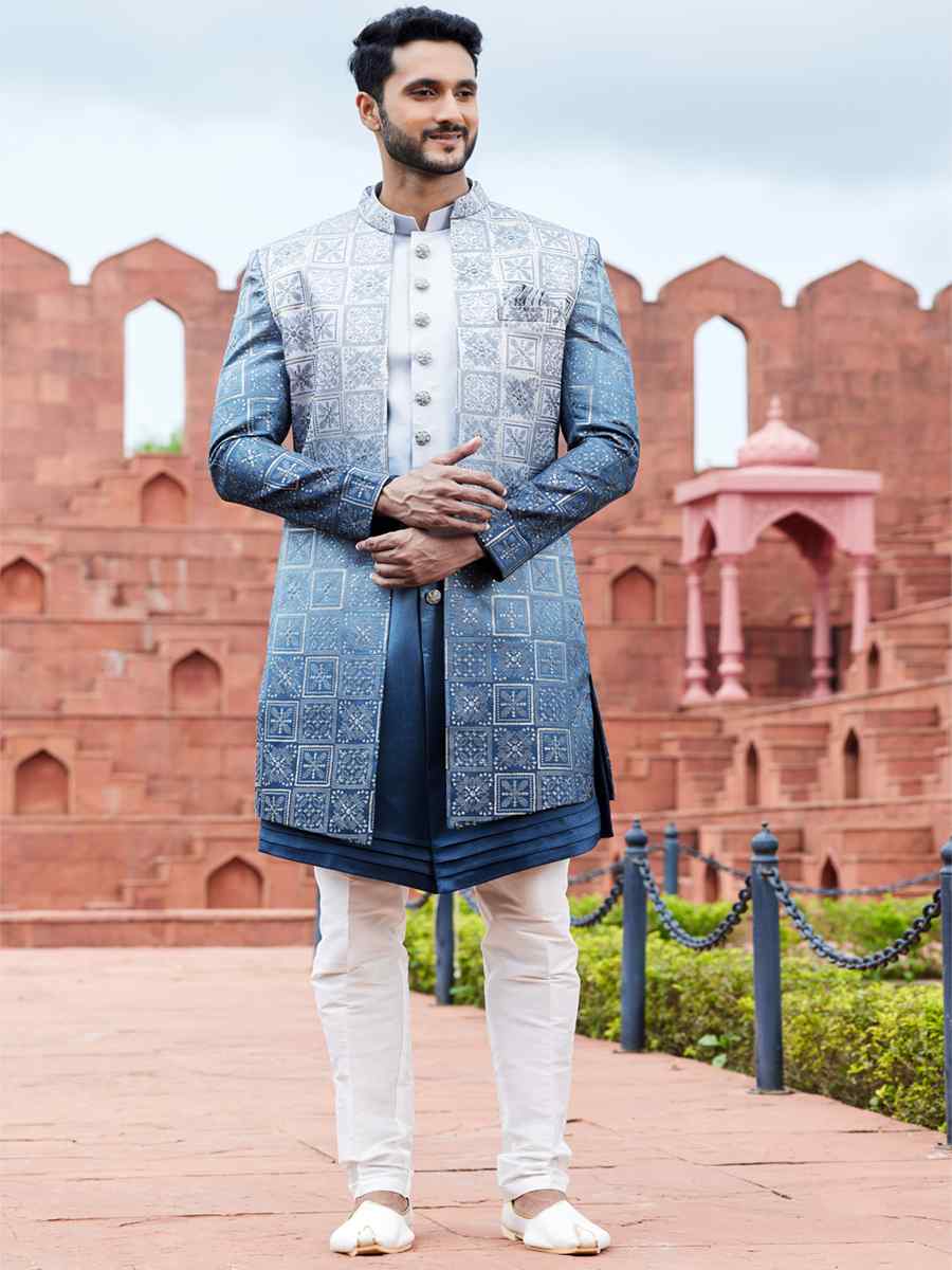 Shaded Blue Art Silk Embroidered Wedding Party Sherwani