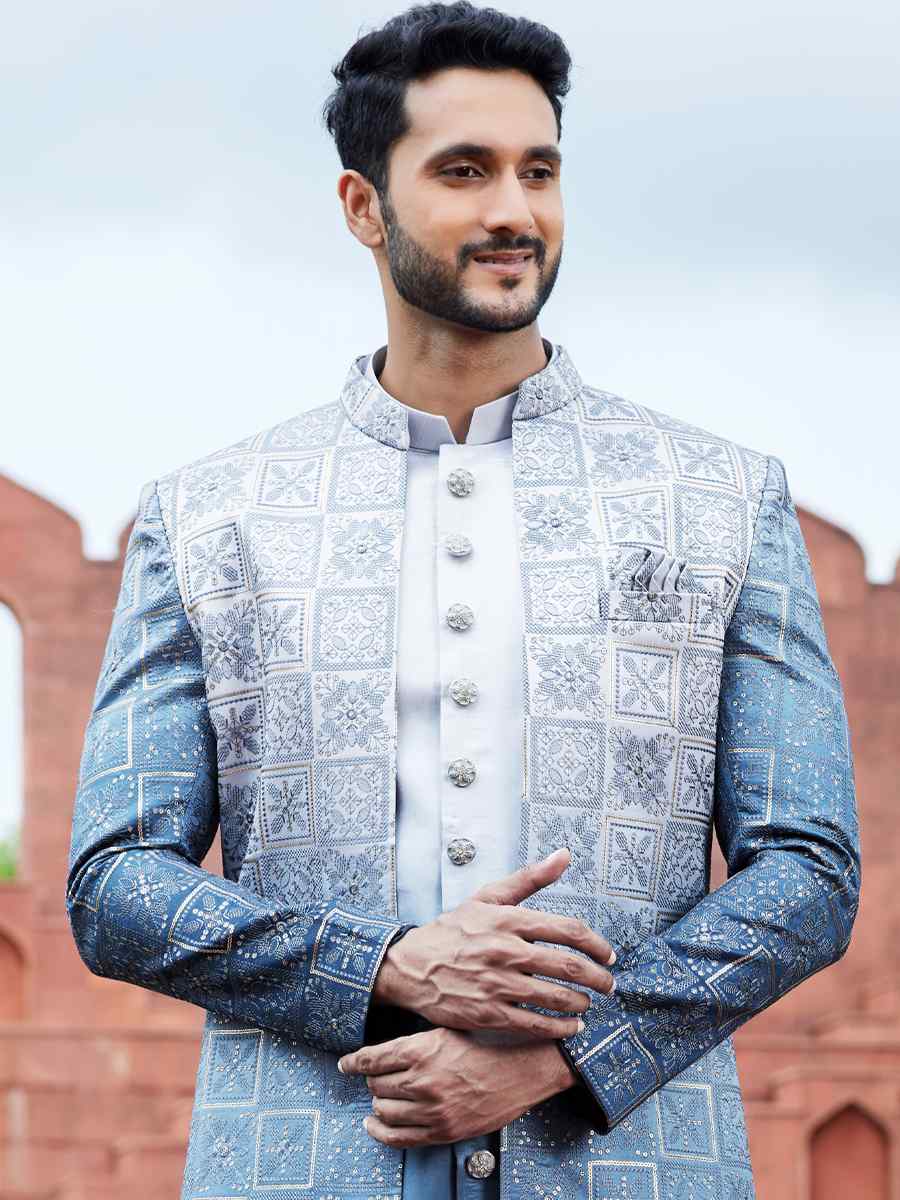 Shaded Blue Art Silk Embroidered Wedding Party Sherwani