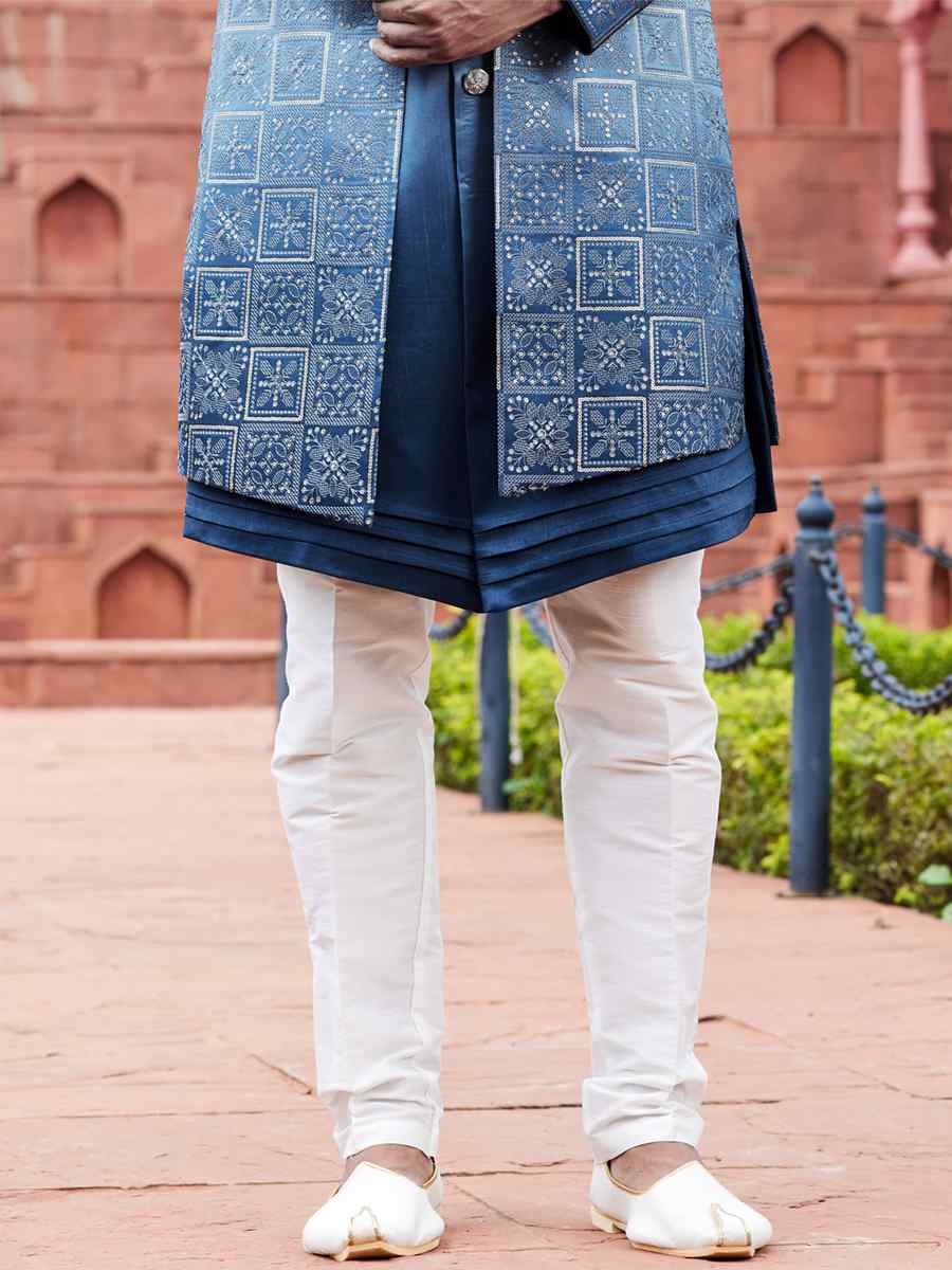 Shaded Blue Art Silk Embroidered Wedding Party Sherwani