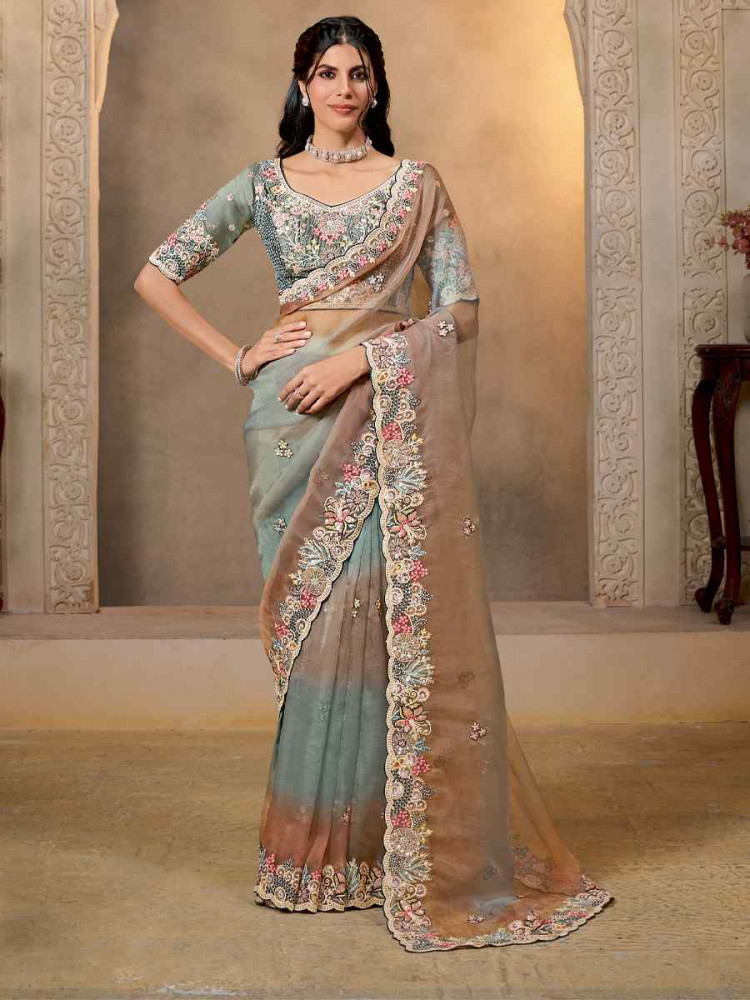 Image of Shaded Grey Shaded Organza Satin Embroidery Traditional Bridal Reception Festival Wedding Fancy Heavy Border Saree
