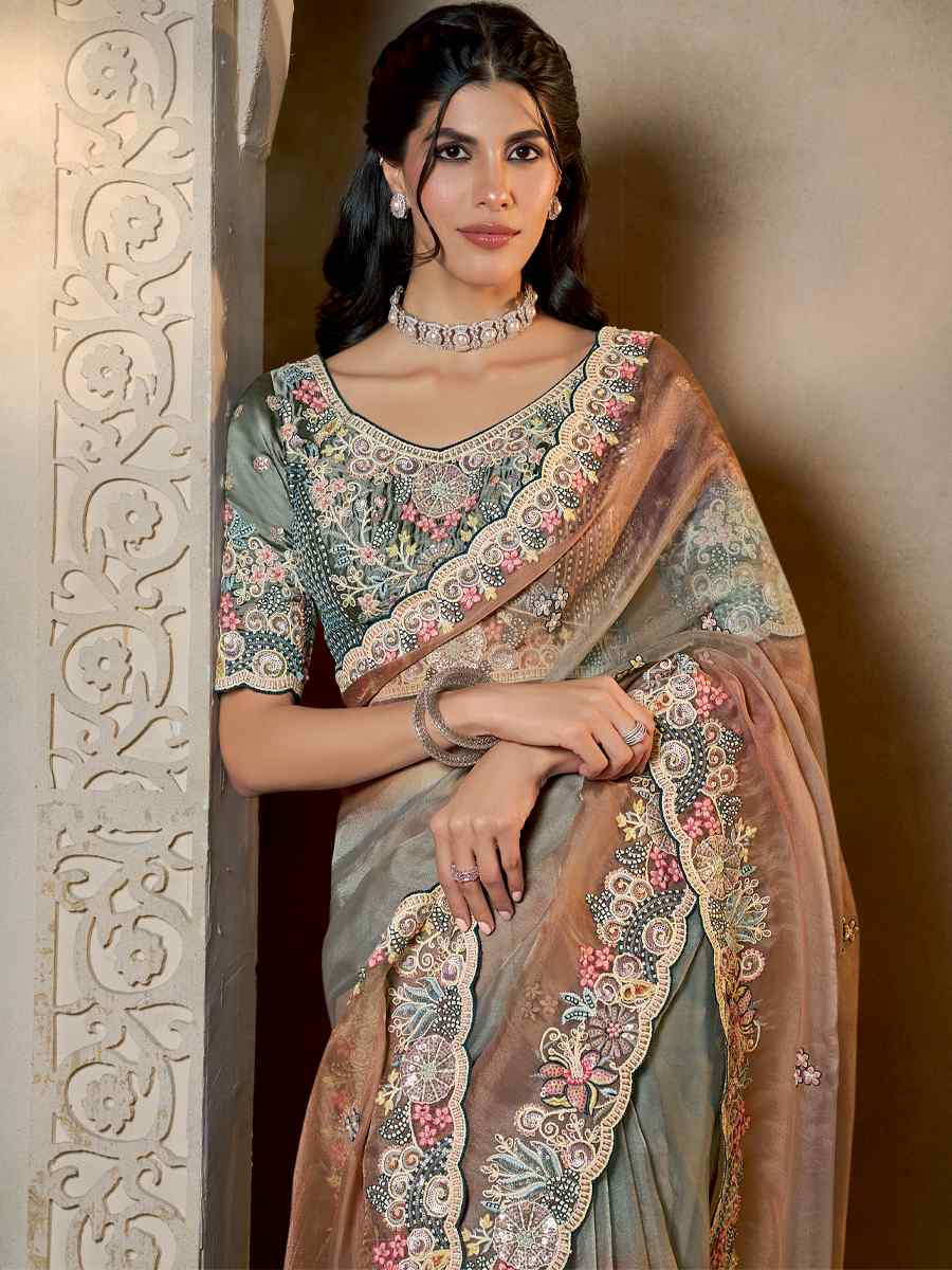 Shaded Grey Shaded Organza Satin Embroidery Traditional Bridal Reception Festival Wedding Fancy Heavy Border Saree