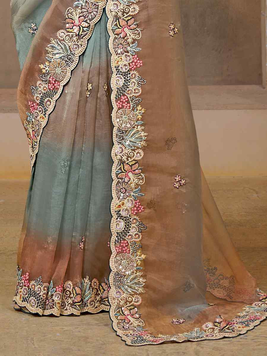 Shaded Grey Shaded Organza Satin Embroidery Traditional Bridal Reception Festival Wedding Fancy Heavy Border Saree
