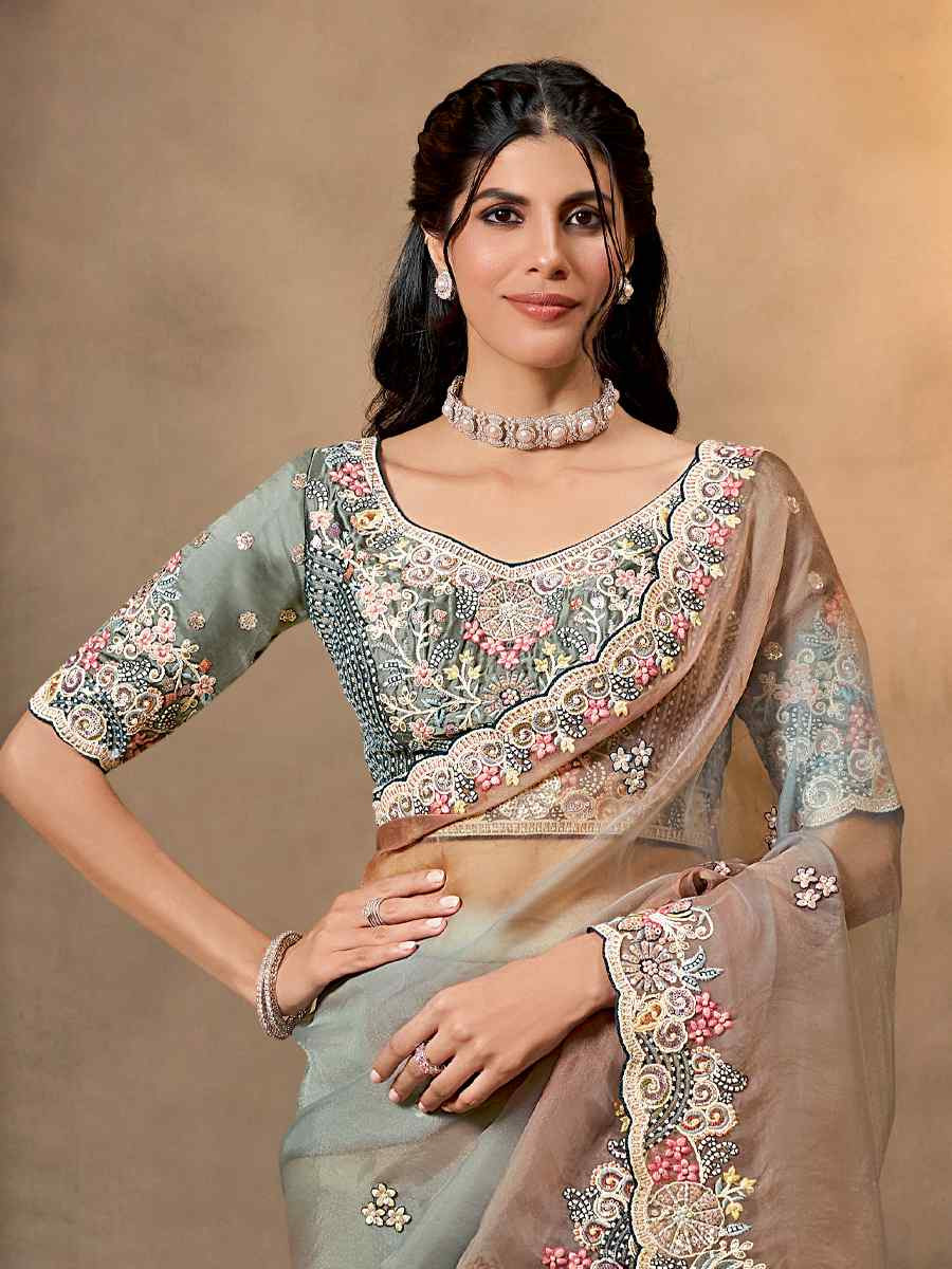 Shaded Grey Shaded Organza Satin Embroidery Traditional Bridal Reception Festival Wedding Fancy Heavy Border Saree