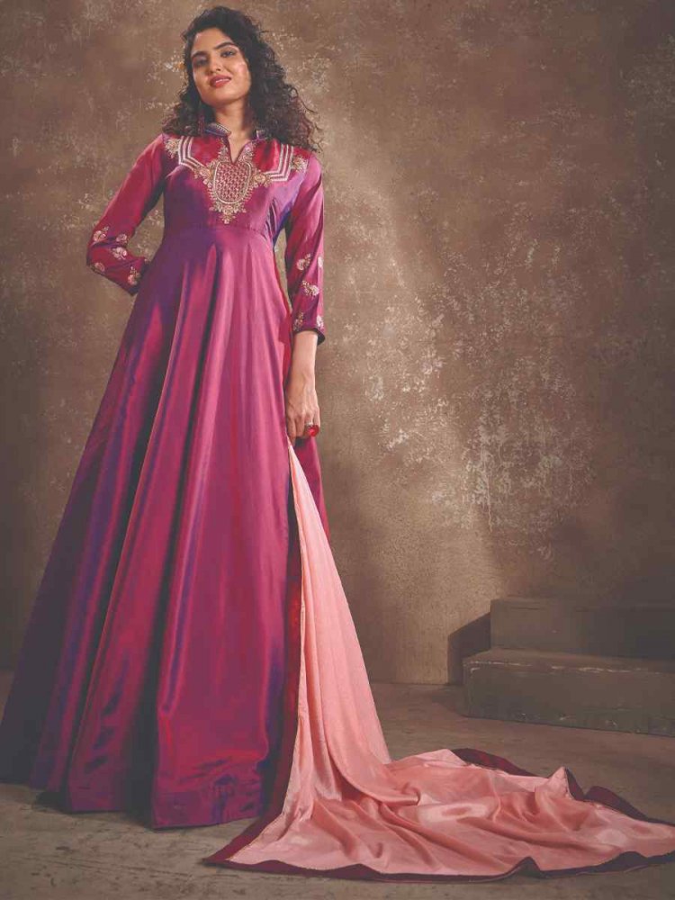 Shaded Pink Triva Silk Embroidered Festival Party Gown