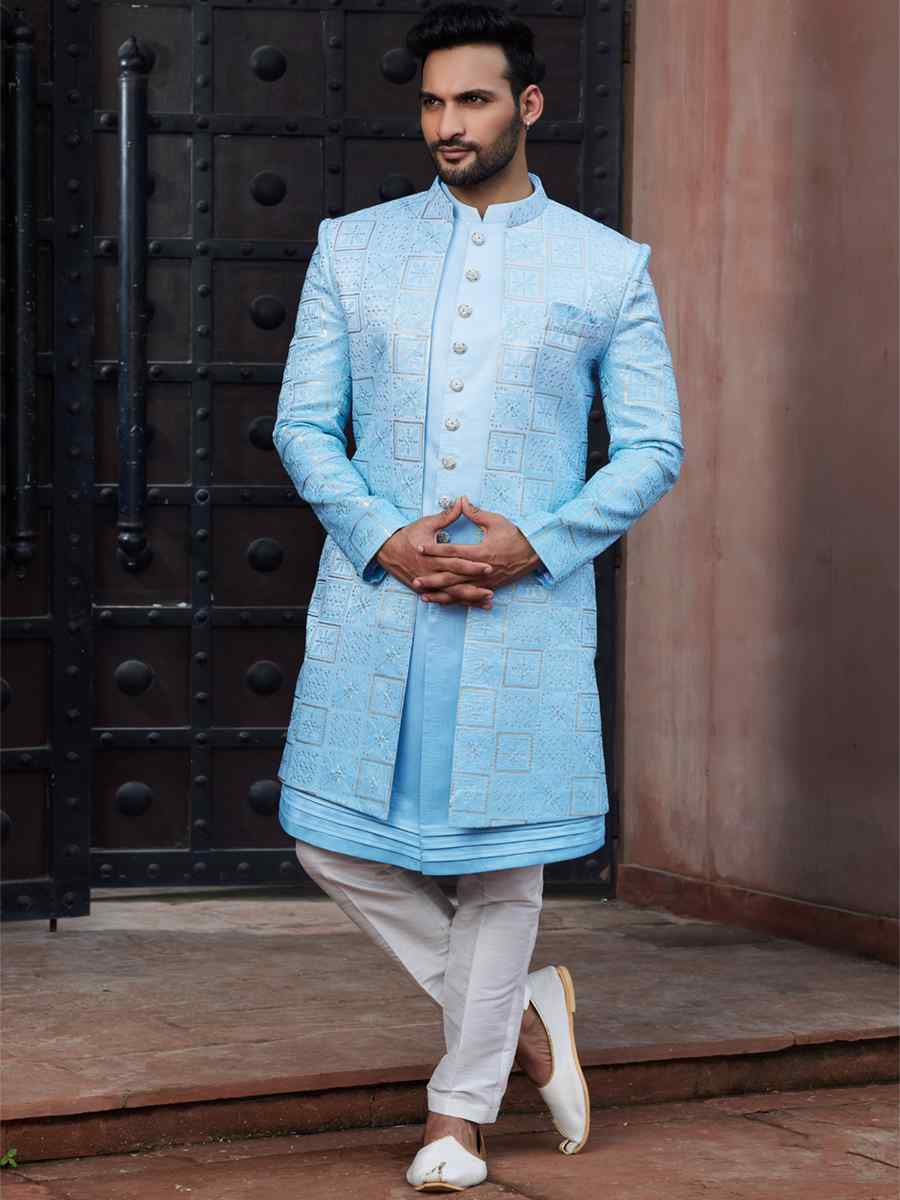 Shaded Sky Blue Art Silk Embroidered Wedding Party Sherwani