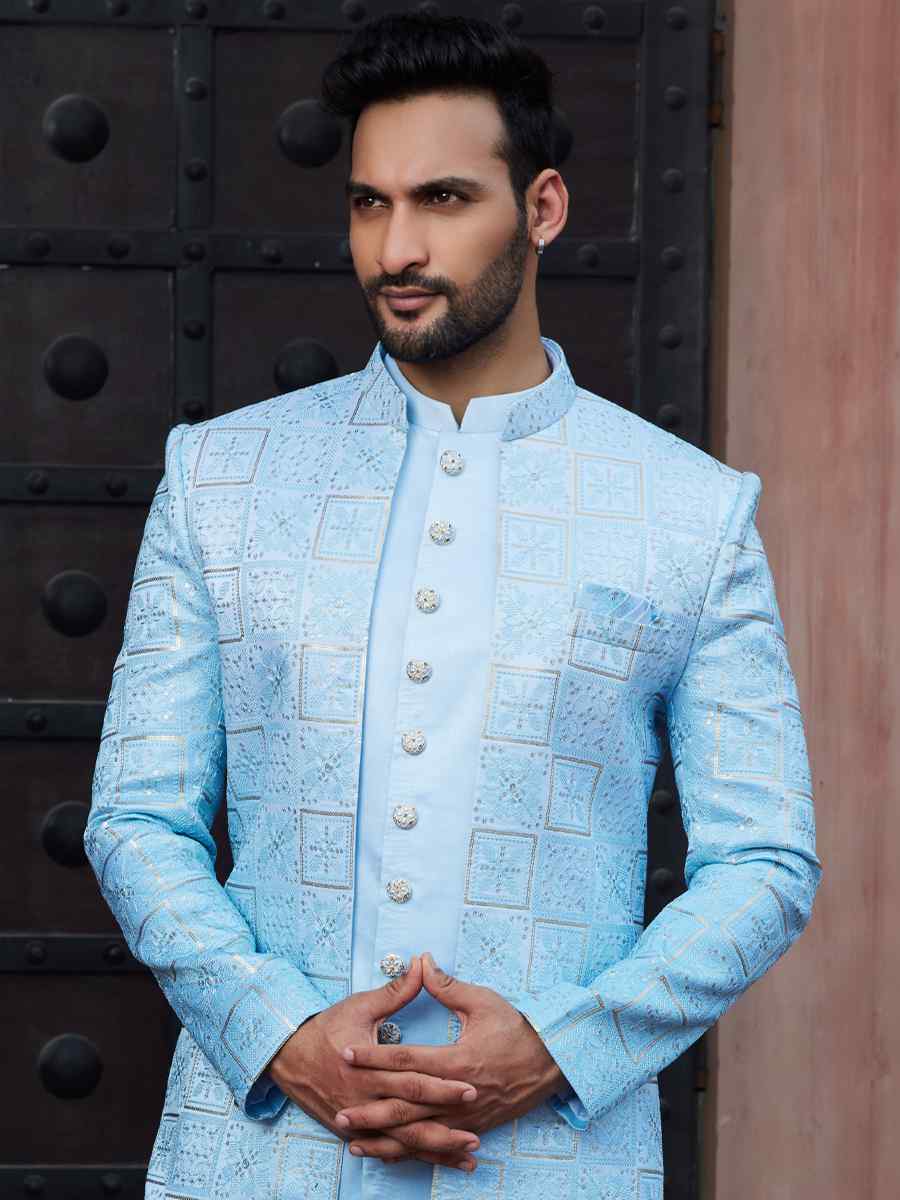 Shaded Sky Blue Art Silk Embroidered Wedding Party Sherwani