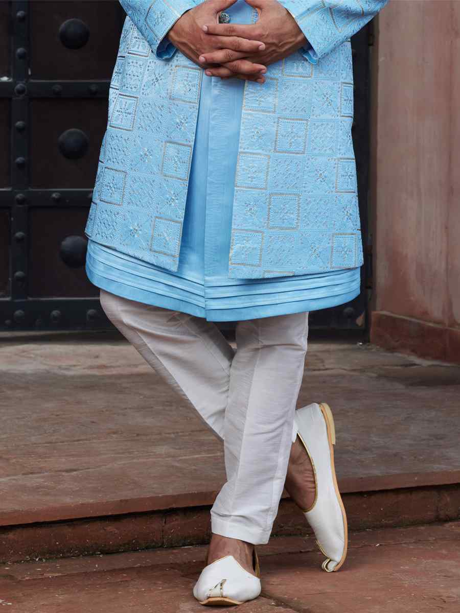 Shaded Sky Blue Art Silk Embroidered Wedding Party Sherwani