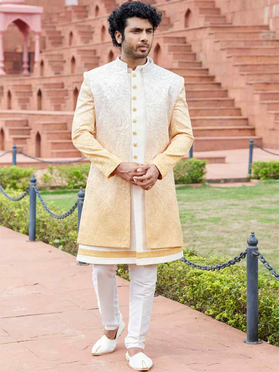 Shaded Yellow Art Silk Embroidered Wedding Party Sherwani
