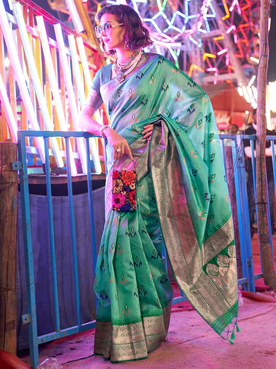 Shadow Green Satin Handwoven Wedding Festival Heavy Border Saree