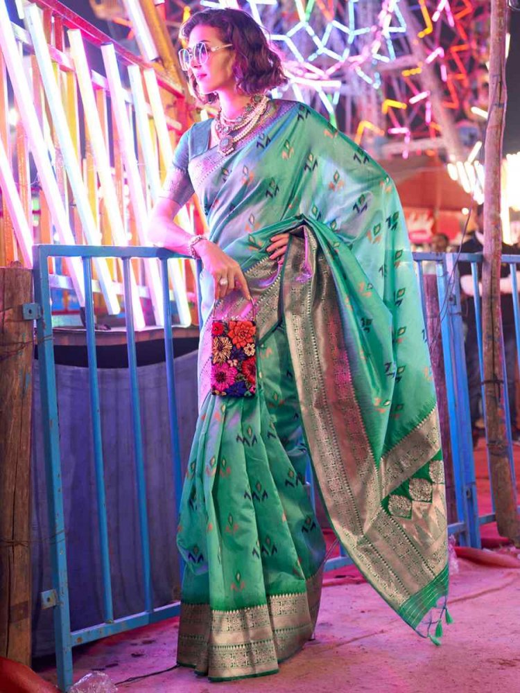 Shadow Green Satin Handwoven Wedding Festival Heavy Border Saree