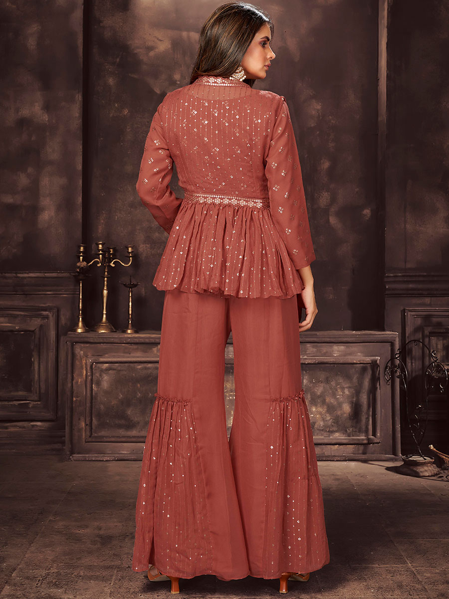 Sienna Brown Faux Georgette Embroidered Party Palazzo Pant Kameez