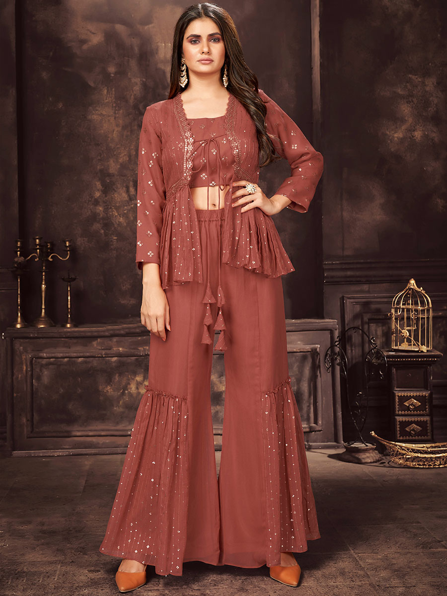 Sienna Brown Faux Georgette Embroidered Party Palazzo Pant Kameez