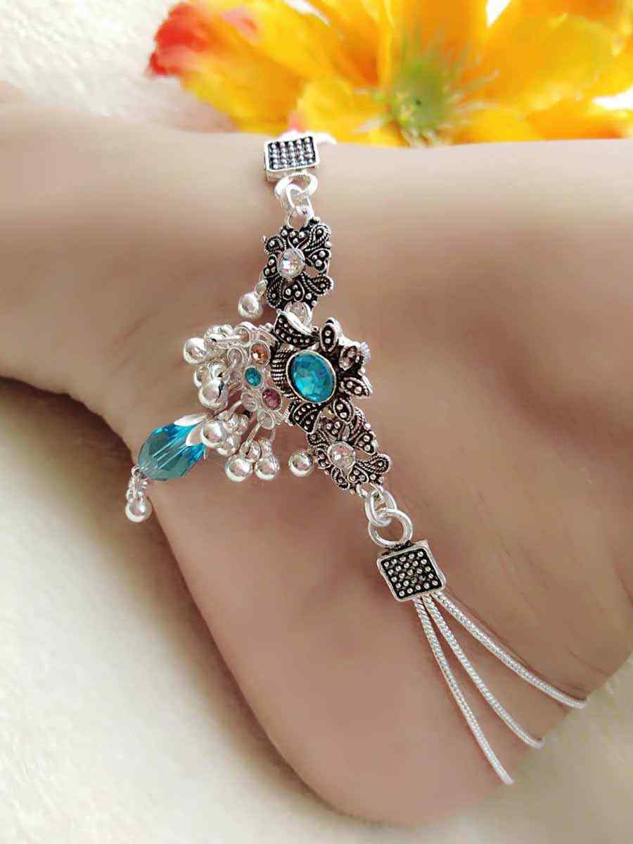 Silver Alloy Festival Wear Stone Anklets