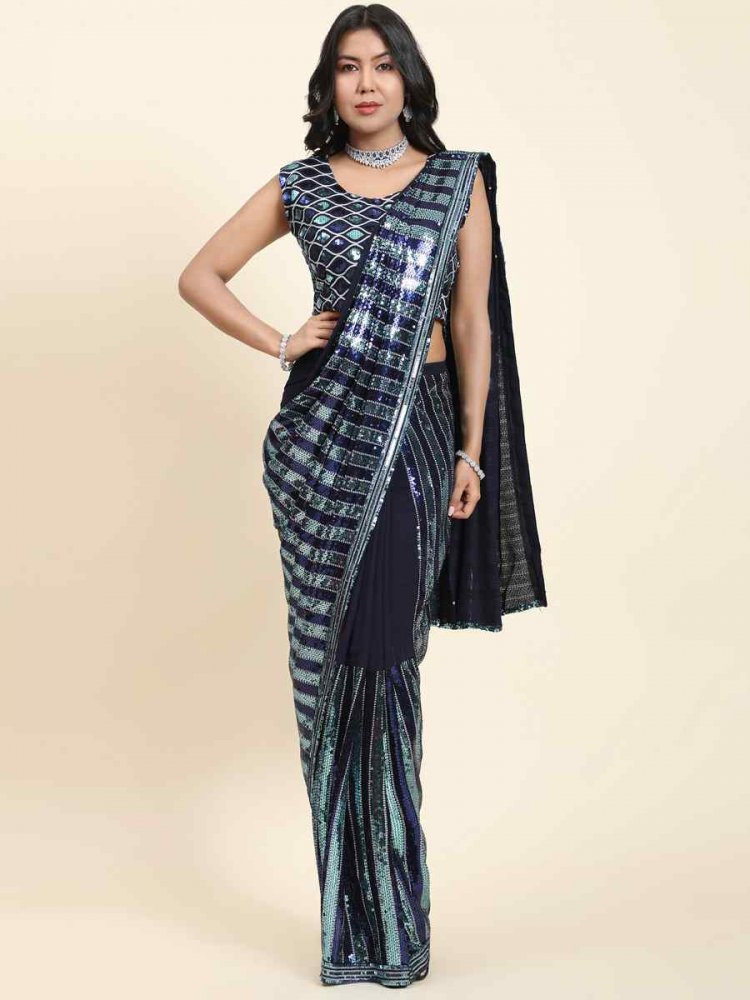 Silver Black Pure Georgette Sequins Cocktail Party Classic Style Saree