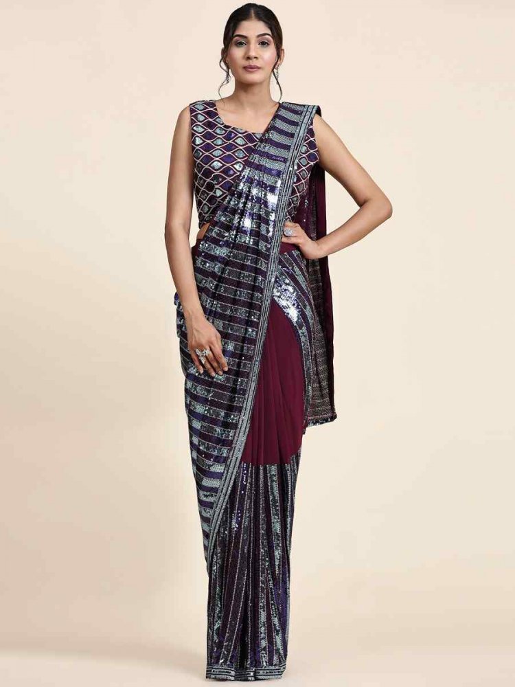 Silver Brown Pure Georgette Sequins Cocktail Party Classic Style Saree