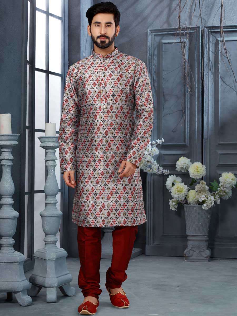 Silver Gray Silk Embroidered Festival Kurta Set
