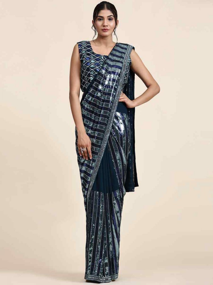 Silver Green Pure Georgette Sequins Cocktail Party Classic Style Saree