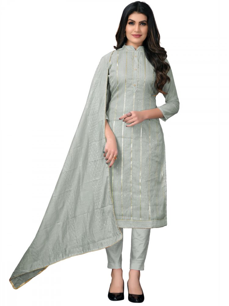 Silver Grey Chanderi Cotton Embroidered Festival Churidar Kameez