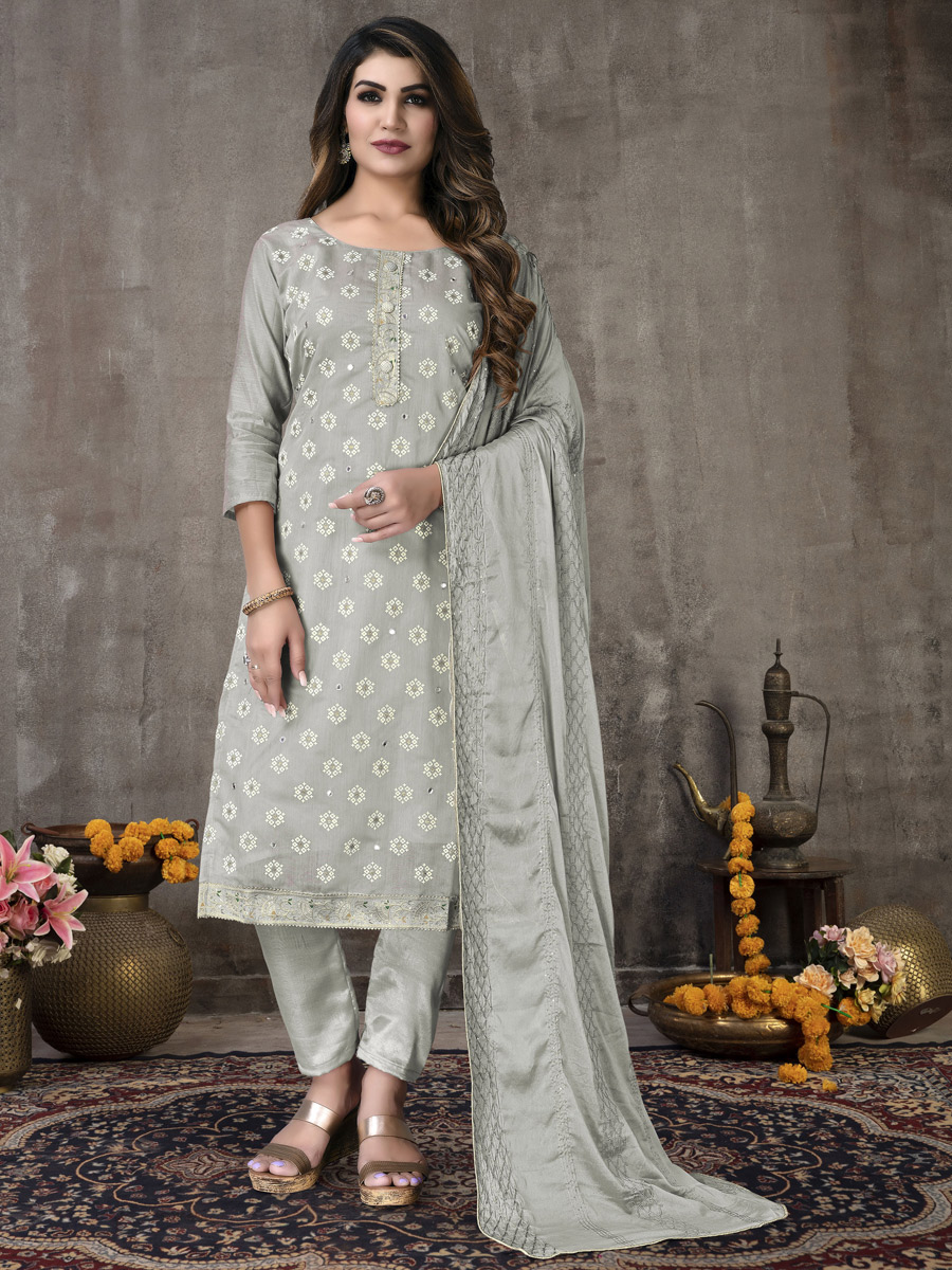 Silver Grey Chanderi Cotton Embroidered Party Pant Kameez