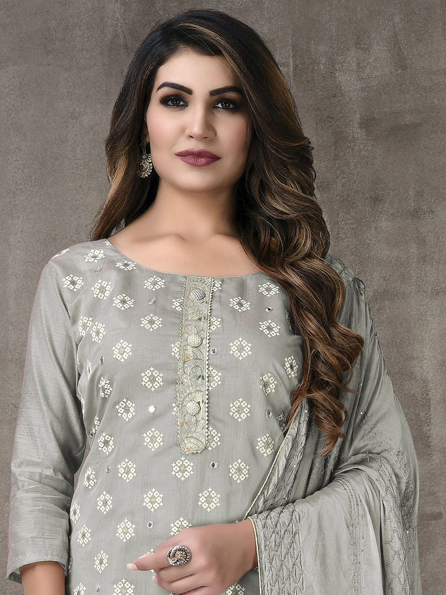Silver Grey Chanderi Cotton Embroidered Party Pant Kameez