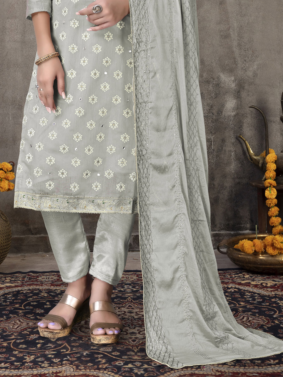 Silver Grey Chanderi Cotton Embroidered Party Pant Kameez